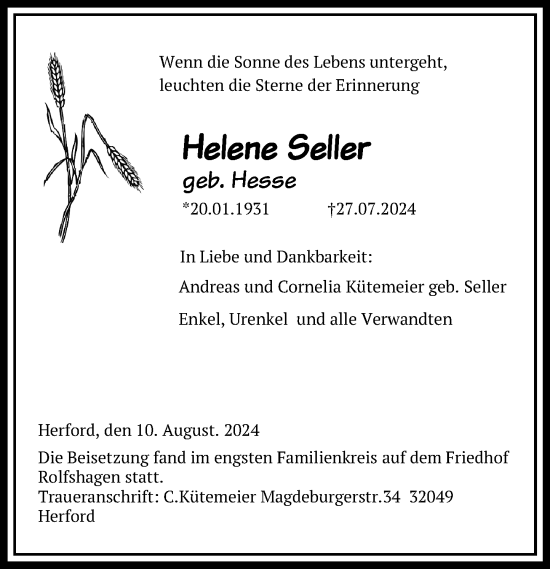 Traueranzeige von Helene Seller von Schaumburger Nachrichten