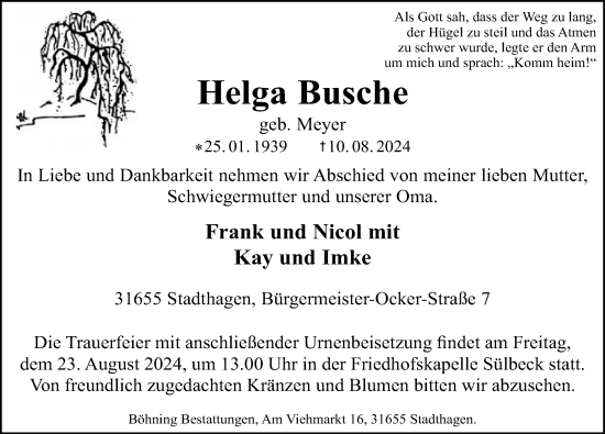 Traueranzeige von Helga Busche von Schaumburger Nachrichten