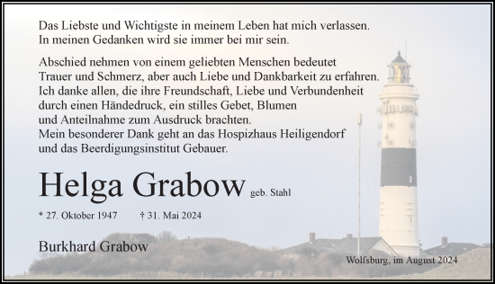 Traueranzeige von Helga Grabow von Aller Zeitung