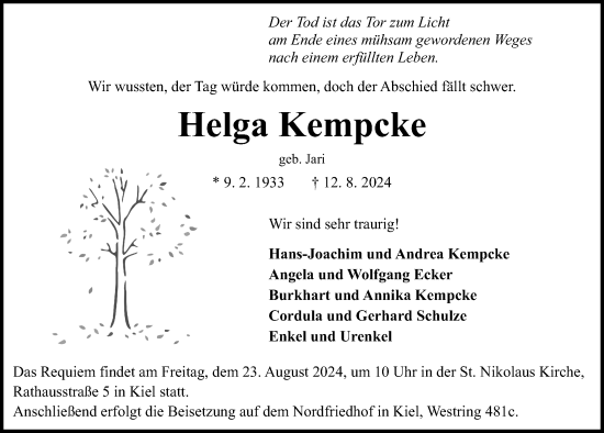 Traueranzeige von Helga Kempcke von Kieler Nachrichten