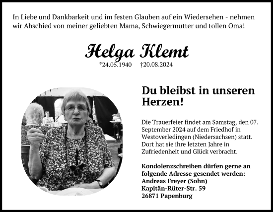 Traueranzeige von Helga Klemt von Märkischen Allgemeine Zeitung