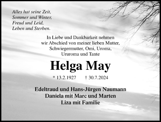 Traueranzeige von Helga May von Ostsee-Zeitung GmbH