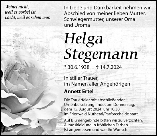 Traueranzeige von Helga Stegemann von Märkischen Allgemeine Zeitung