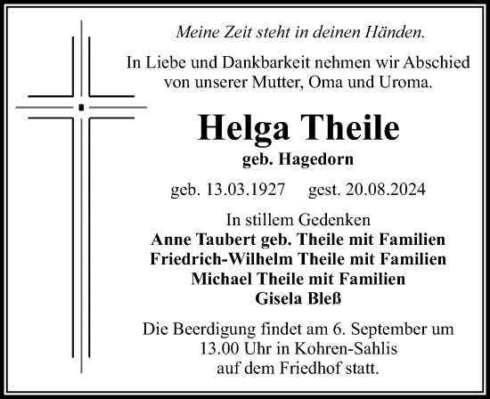 Traueranzeige von Helga Theile von Leipziger Volkszeitung