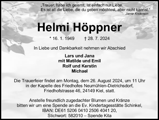 Traueranzeige von Helmi Höppner von Kieler Nachrichten