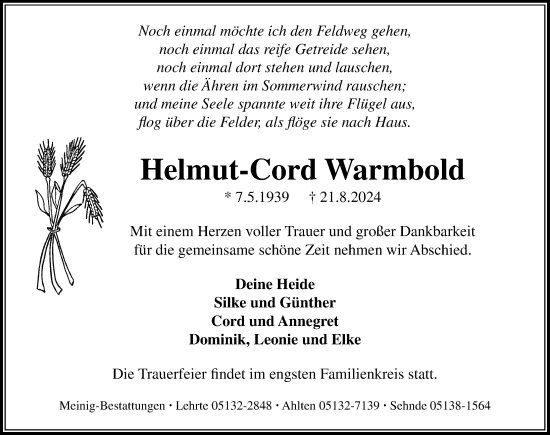 Traueranzeige von Helmut-Cord Warmbold von Hannoversche Allgemeine Zeitung/Neue Presse