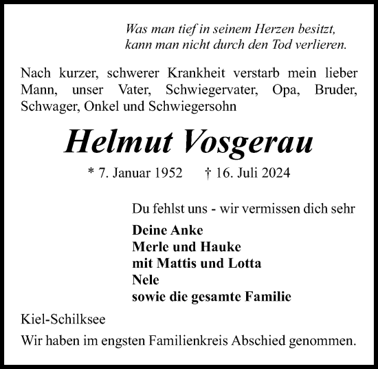 Traueranzeige von Helmut Vosgerau von Kieler Nachrichten