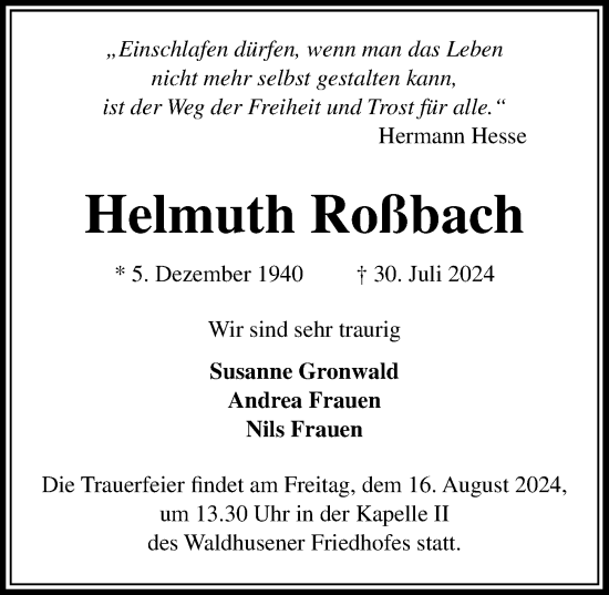 Traueranzeige von Helmuth Roßbach von Lübecker Nachrichten