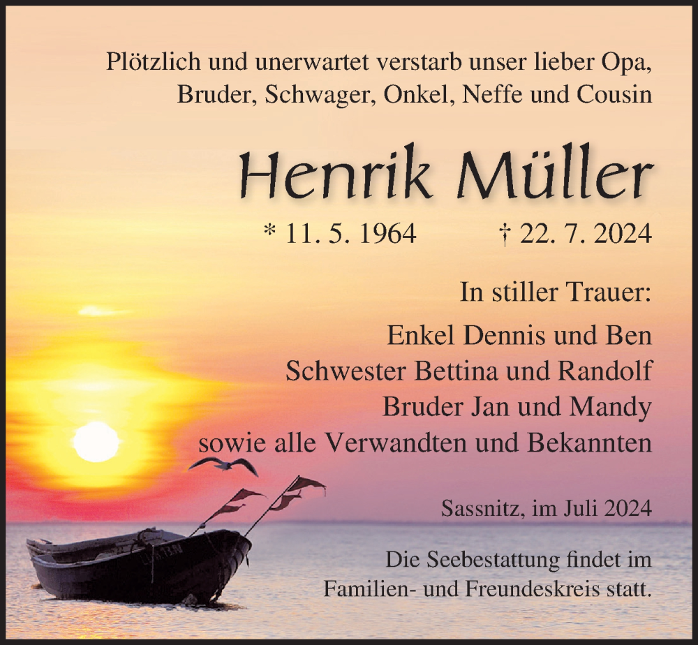  Traueranzeige für Henrik Müller vom 03.08.2024 aus Ostsee-Zeitung GmbH