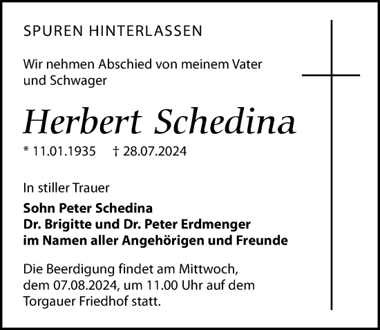 Traueranzeige von Herbert Schedina von Torgauer Zeitung