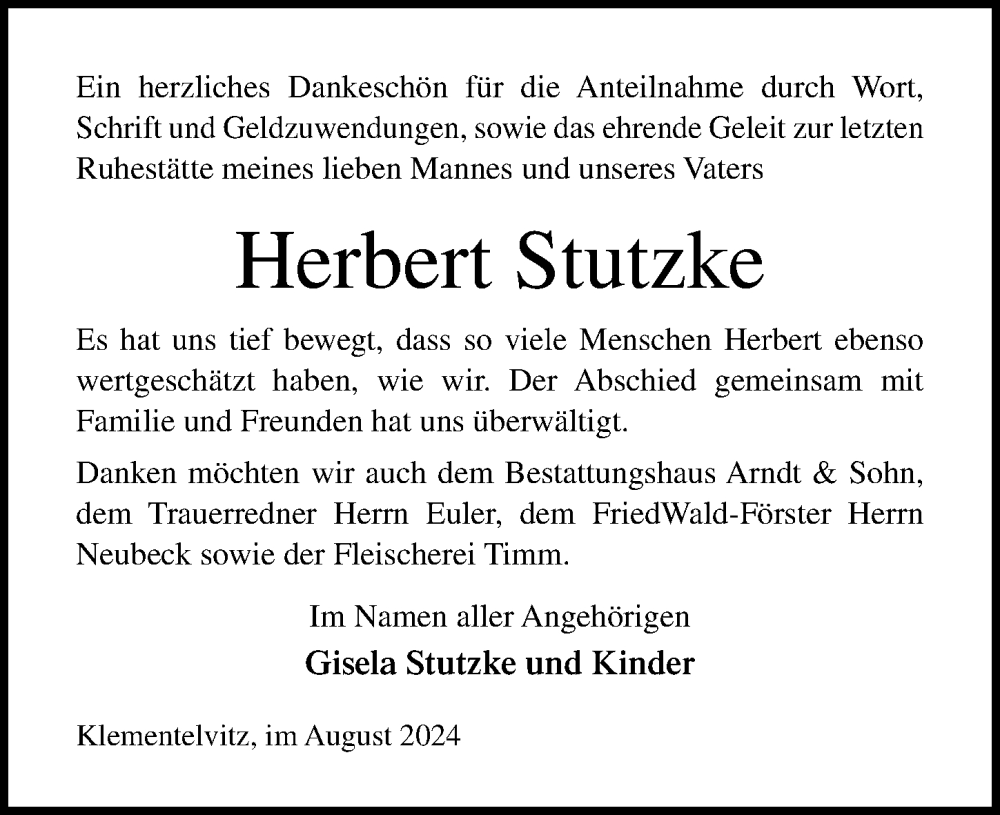 Traueranzeige für Herbert Stutzke vom 10.08.2024 aus Ostsee-Zeitung GmbH