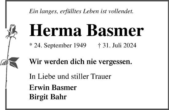 Traueranzeige von Herma Basmer von Ostsee-Zeitung GmbH