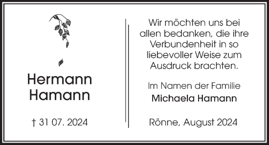 Traueranzeige von Hermann Hamann von Kieler Nachrichten