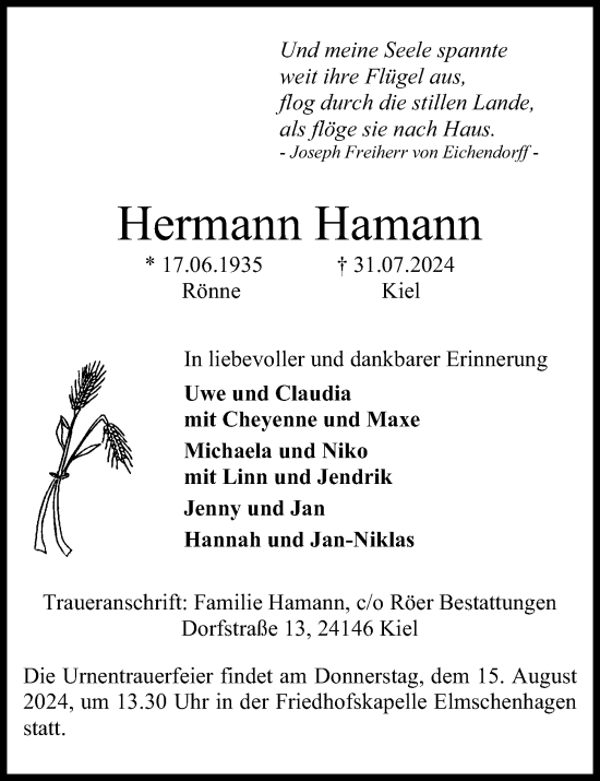 Traueranzeige von Hermann Hamann von Kieler Nachrichten