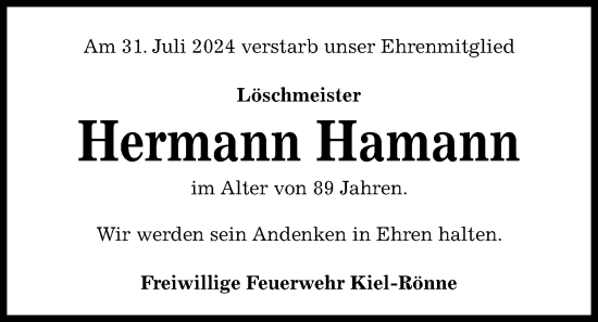 Traueranzeige von Hermann Hamann von Kieler Nachrichten