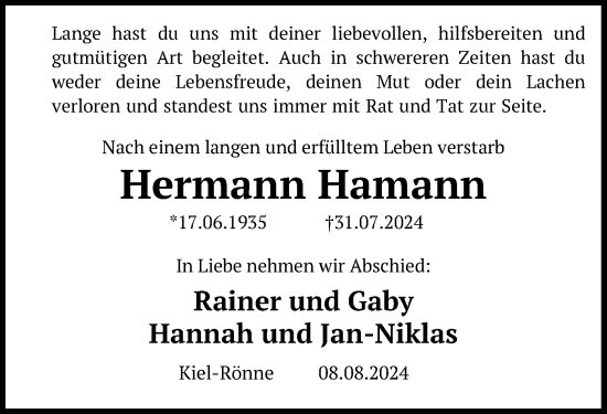 Traueranzeige von Hermann Hamann von Kieler Nachrichten