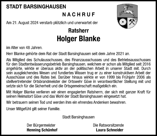 Traueranzeige von Holger Blanke von Hannoversche Allgemeine Zeitung/Neue Presse