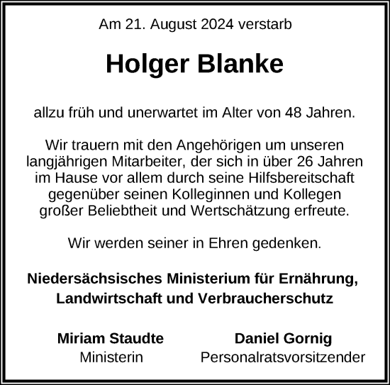 Traueranzeige von Holger Blanke von Hannoversche Allgemeine Zeitung/Neue Presse