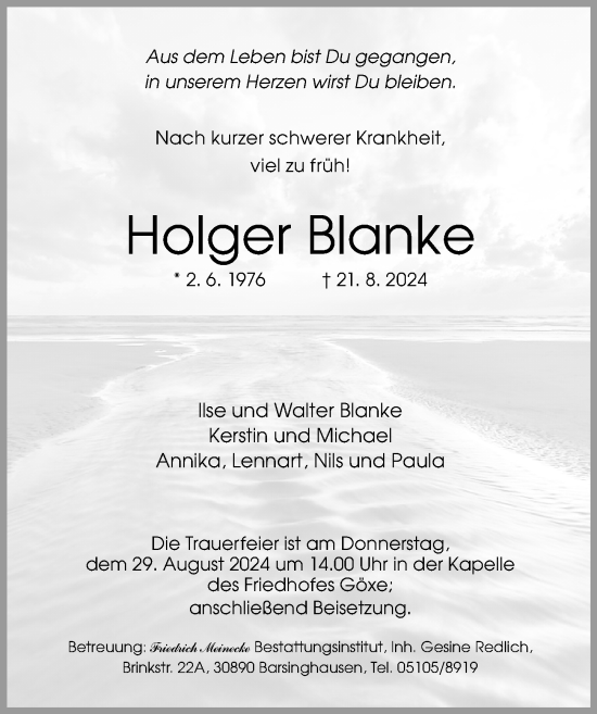 Traueranzeige von Holger Blanke von Hannoversche Allgemeine Zeitung/Neue Presse