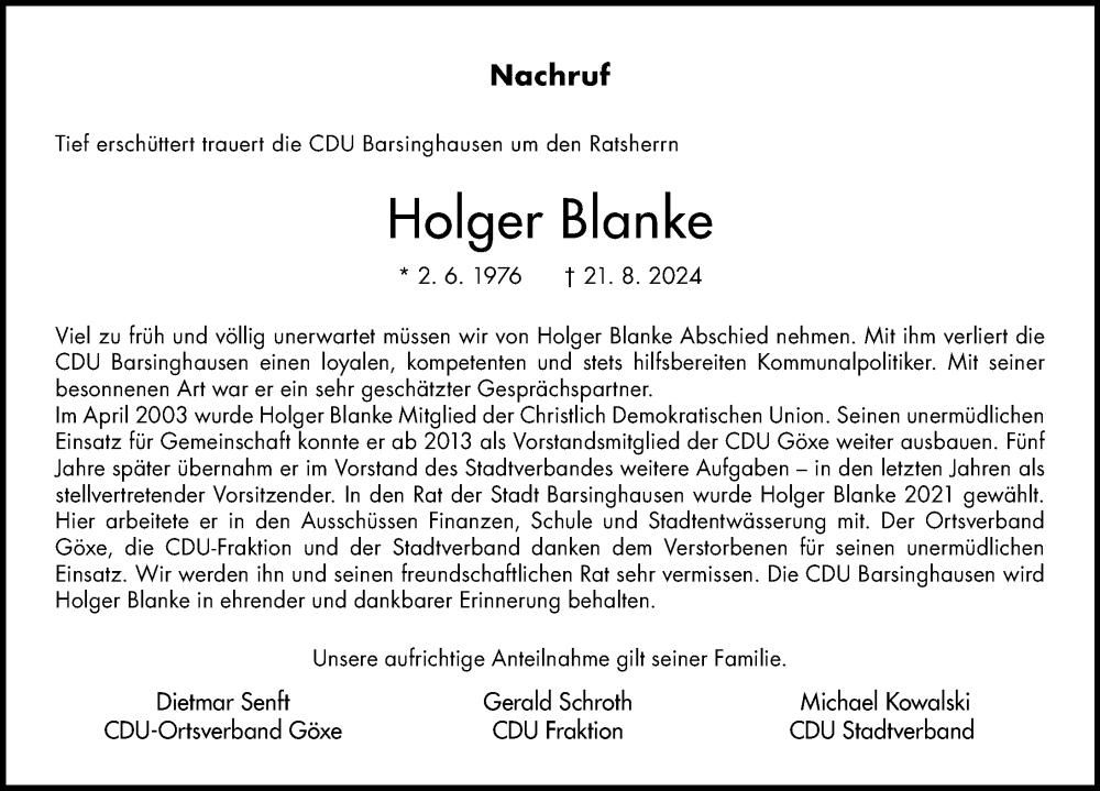  Traueranzeige für Holger Blanke vom 28.08.2024 aus Hannoversche Allgemeine Zeitung/Neue Presse