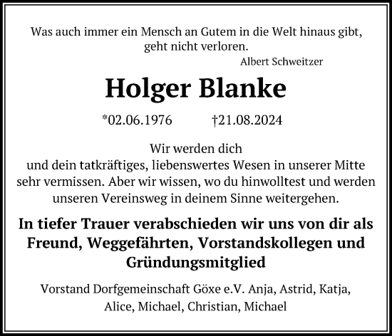 Traueranzeige von Holger Blanke von Hannoversche Allgemeine Zeitung/Neue Presse