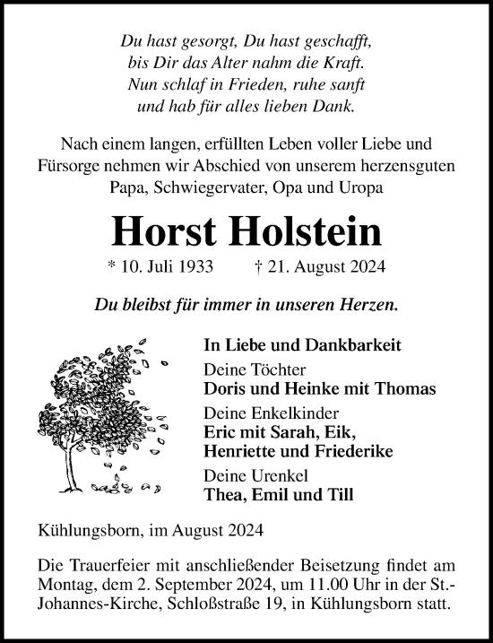 Traueranzeige von Horst Holstein von Ostsee-Zeitung GmbH