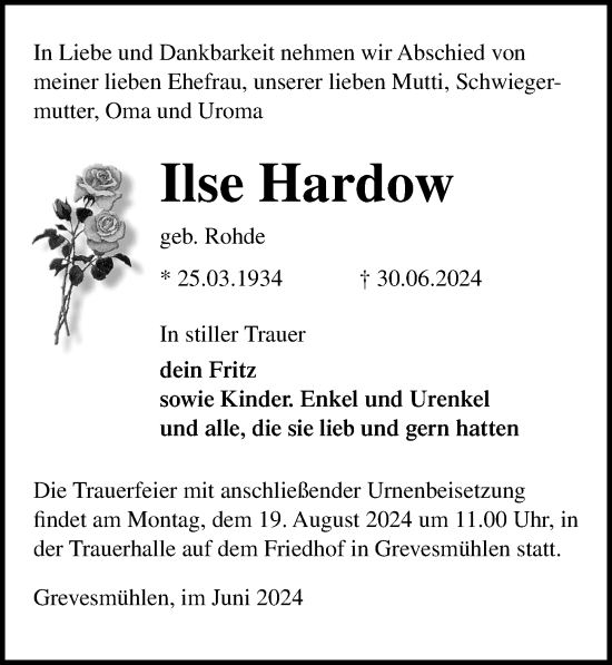 Traueranzeige von Ilse Hardow von Ostsee-Zeitung GmbH