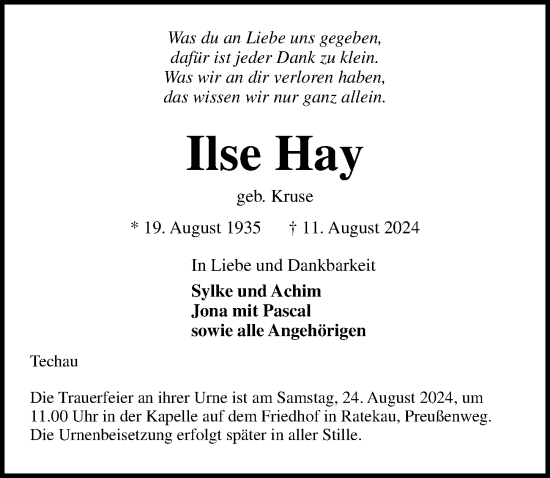 Traueranzeige von Ilse Hay von Lübecker Nachrichten