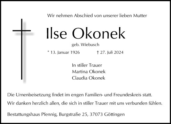 Traueranzeige von Ilse Okonek von Göttinger Tageblatt