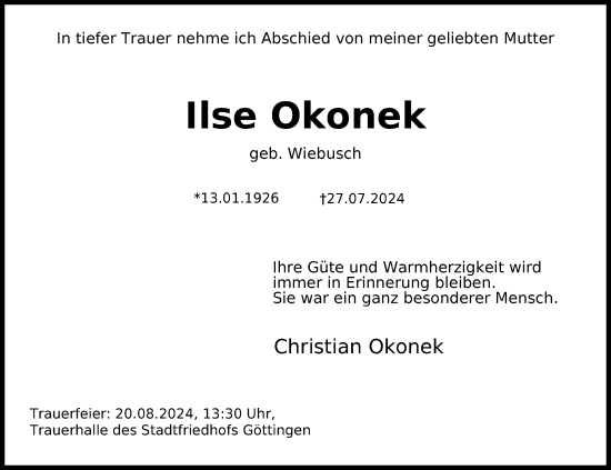 Traueranzeige von Ilse Okonek von Göttinger Tageblatt