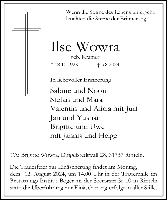 Traueranzeige von Ilse Wowra von Schaumburger Nachrichten und Schaumburger Zeitung/ Landes-Zeitung