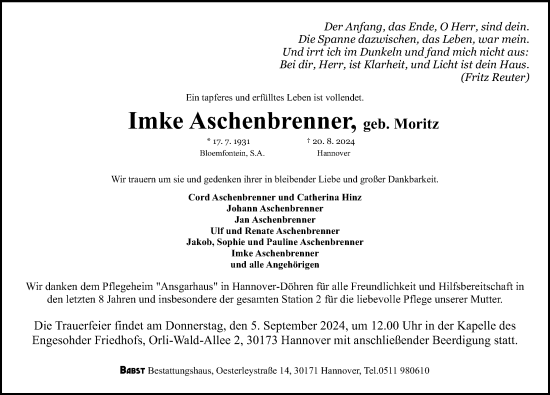 Traueranzeige von Imke Aschenbrenner von Hannoversche Allgemeine Zeitung/Neue Presse