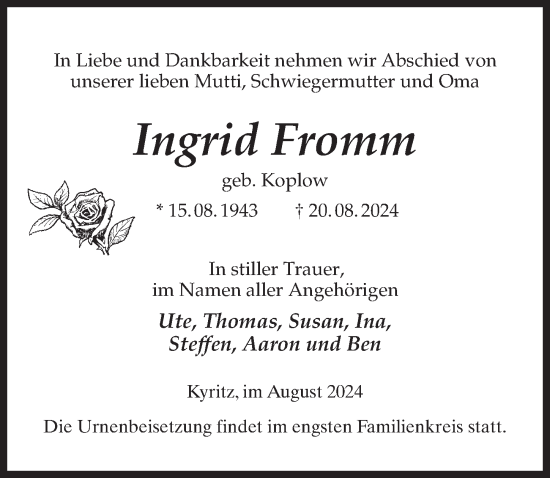 Traueranzeige von Ingrid Fromm von Märkischen Allgemeine Zeitung