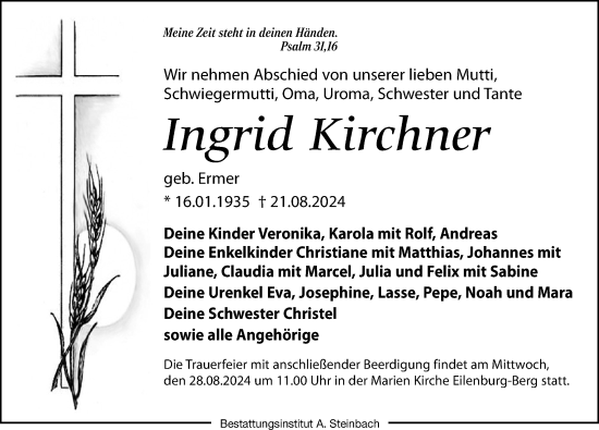 Traueranzeige von Ingrid Kirchner von Leipziger Volkszeitung