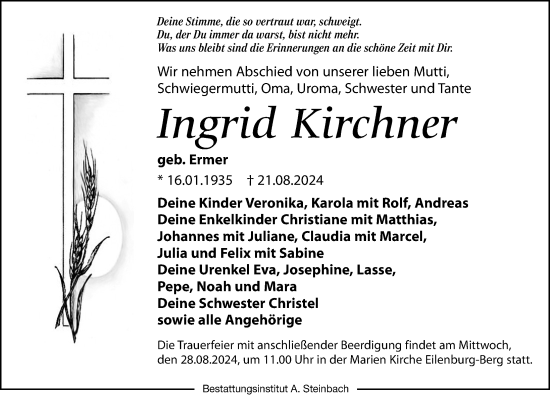 Traueranzeige von Ingrid Kirchner von Leipziger Volkszeitung