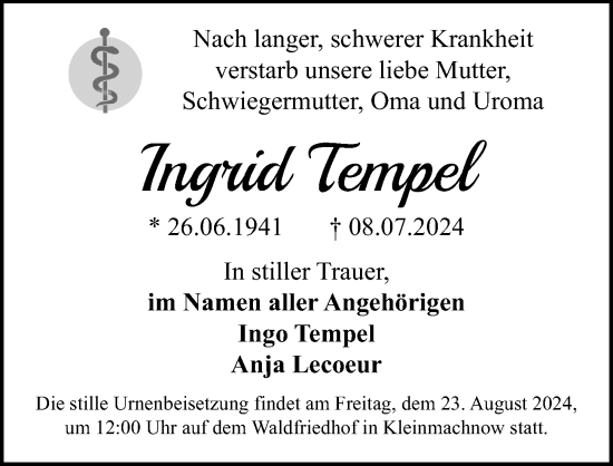 Traueranzeige von Ingrid Tempel von Märkischen Allgemeine Zeitung