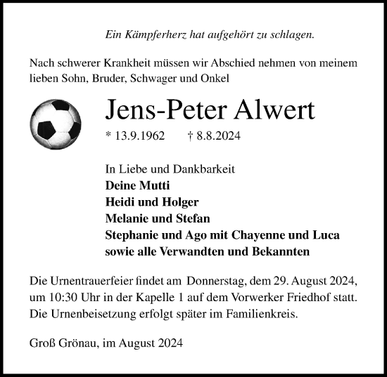 Traueranzeige von Jens-Peter Alwert von Lübecker Nachrichten