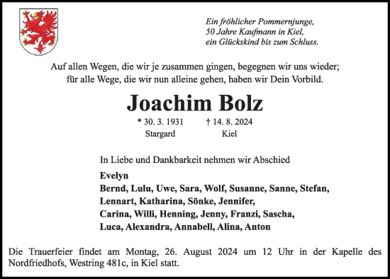 Traueranzeige von Joachim Bolz von Kieler Nachrichten