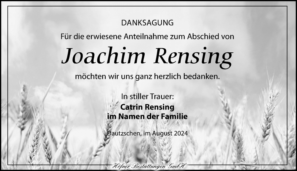  Traueranzeige für Joachim Rensing vom 31.08.2024 aus Torgauer Zeitung