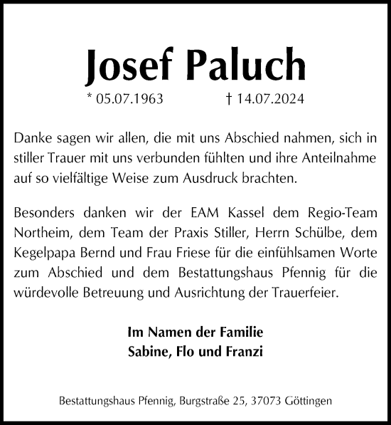 Traueranzeige von Josef Paluch von Göttinger Tageblatt