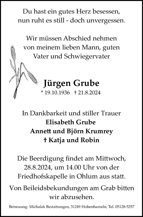 Traueranzeige von Jürgen Grube von Peiner Allgemeine Zeitung