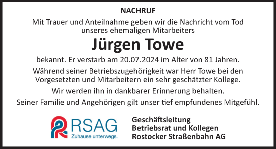 Traueranzeige von Jürgen Towe von Ostsee-Zeitung GmbH