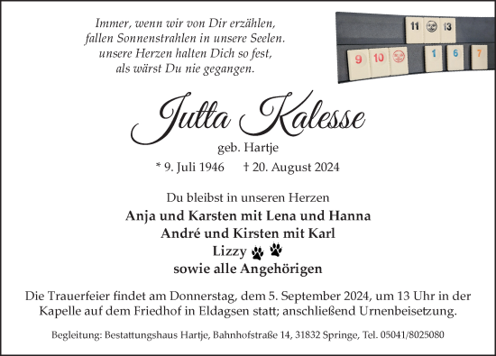 Traueranzeige von Jutta Kalesse von Hannoversche Allgemeine Zeitung/Neue Presse