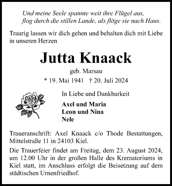 Traueranzeige von Jutta Knaack von Kieler Nachrichten