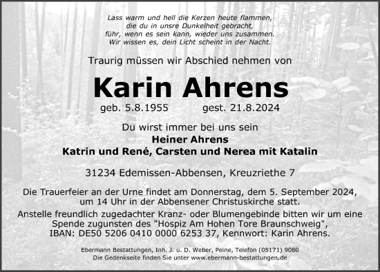 Traueranzeige von Karin Ahrens von Peiner Allgemeine Zeitung