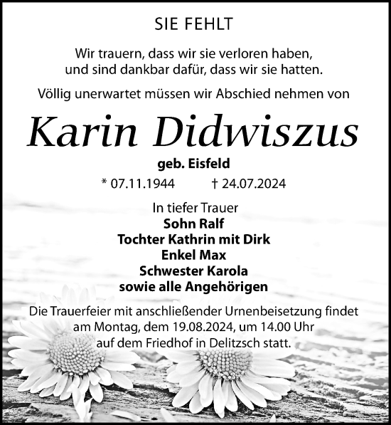 Traueranzeige von Karin Didwiszus von Leipziger Volkszeitung