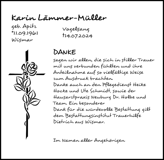 Traueranzeige von Karin Lämmer-Müller von Ostsee-Zeitung GmbH