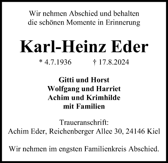 Traueranzeige von Karl-Heinz Eder von Kieler Nachrichten