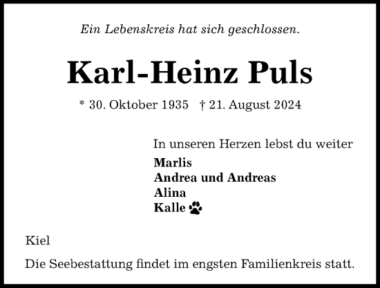 Traueranzeige von Karl-Heinz Puls von Kieler Nachrichten