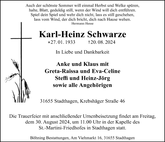 Traueranzeige von Karl-Heinz Schwarze von Schaumburger Nachrichten